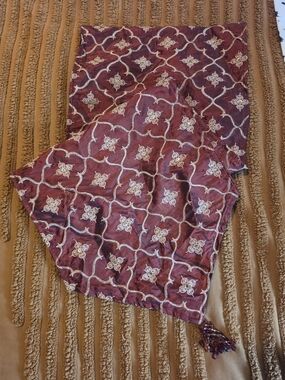 Burgundy And Gold Colored Embroidered Beaded Table Runner
